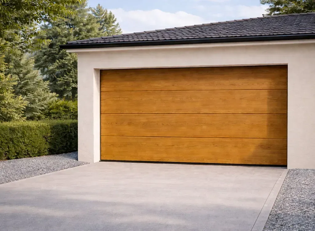 Porte sectionnelle de garage finition chêne doré sur façade beige avec allée en béton