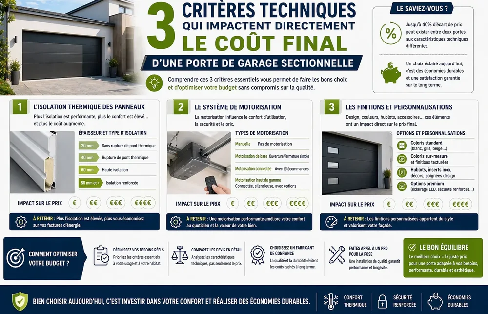 Infographie : les trois critères techniques qui impactent le coût d'une porte de garage sectionnelle, isolation, motorisation et finitions