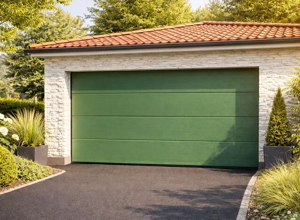 Porte sectionnelle de garage vert mousse RAL 6005 sur maison en pierre avec toiture en tuiles et allée en bitume
