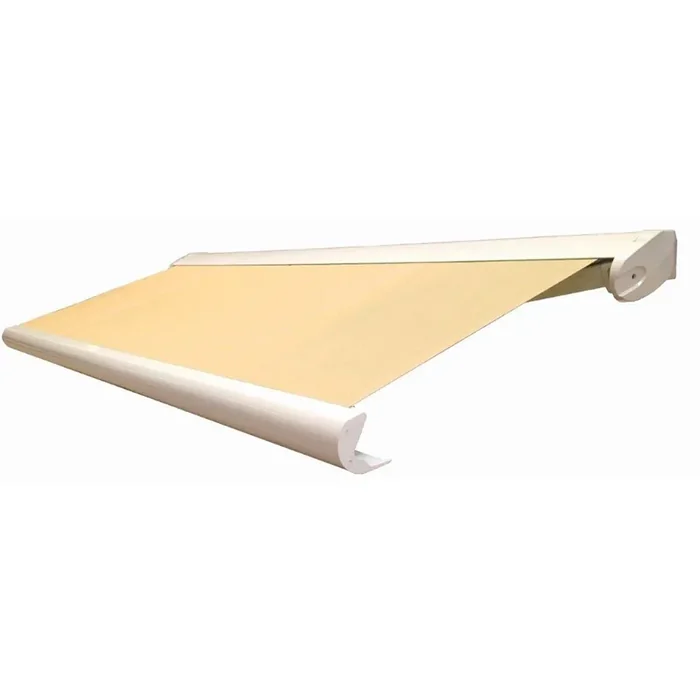 Store banne à coffre avec toile beige déployée, coffre ivoire