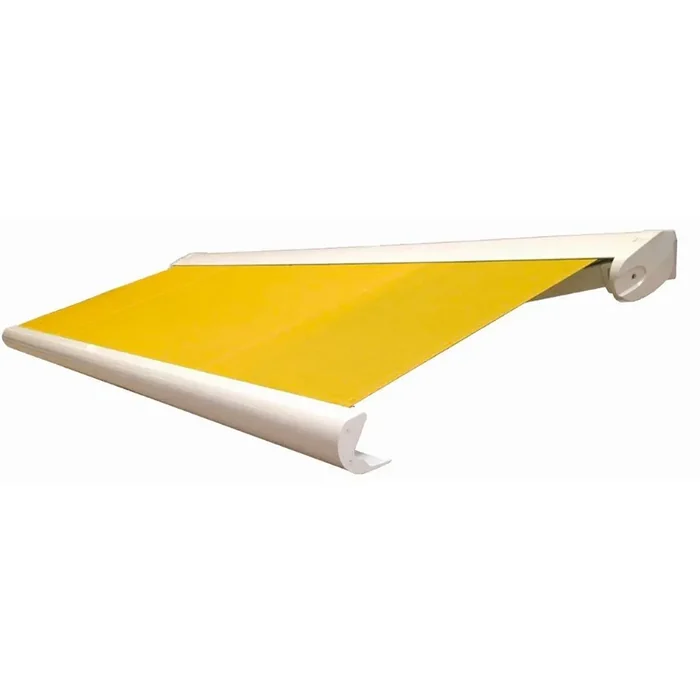 Store banne à coffre avec toile jaune déployée, coffre ivoire