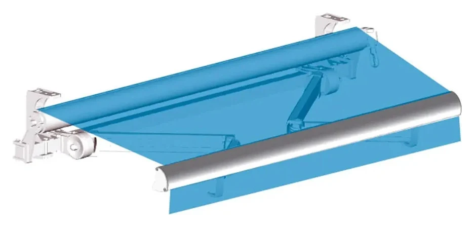 Store banne Maxi Design 4 bras : tube d'enroulement, supports muraux, bras articulés, barre de charge et lambrequin