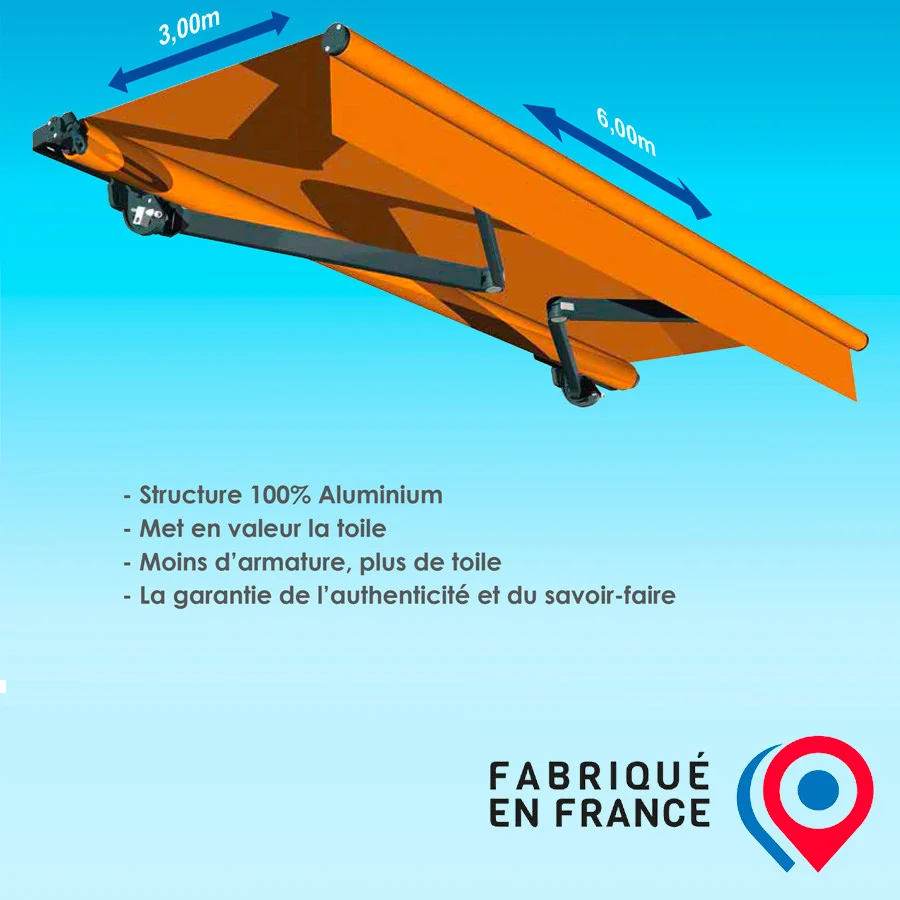 Schéma coté du store banne traditionnel : 5 mètres de largeur sur 3 mètres d'avancée, structure 100 % aluminium