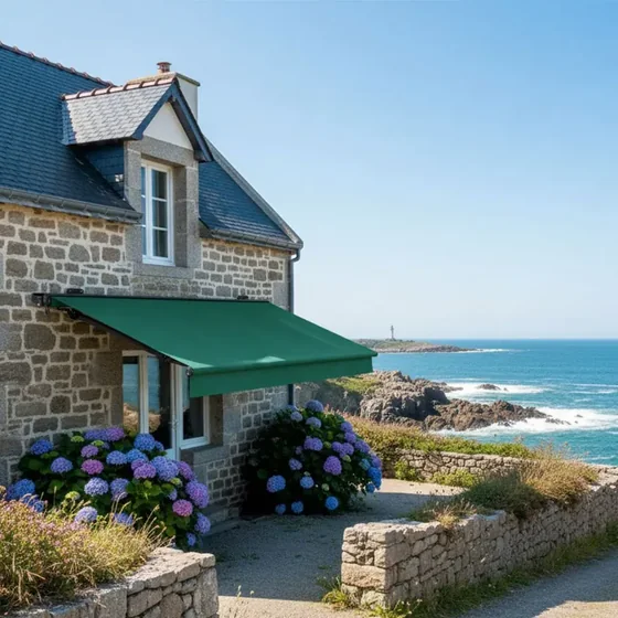 Store banne traditionnel vert Dickson sur une maison en pierre au bord de la mer