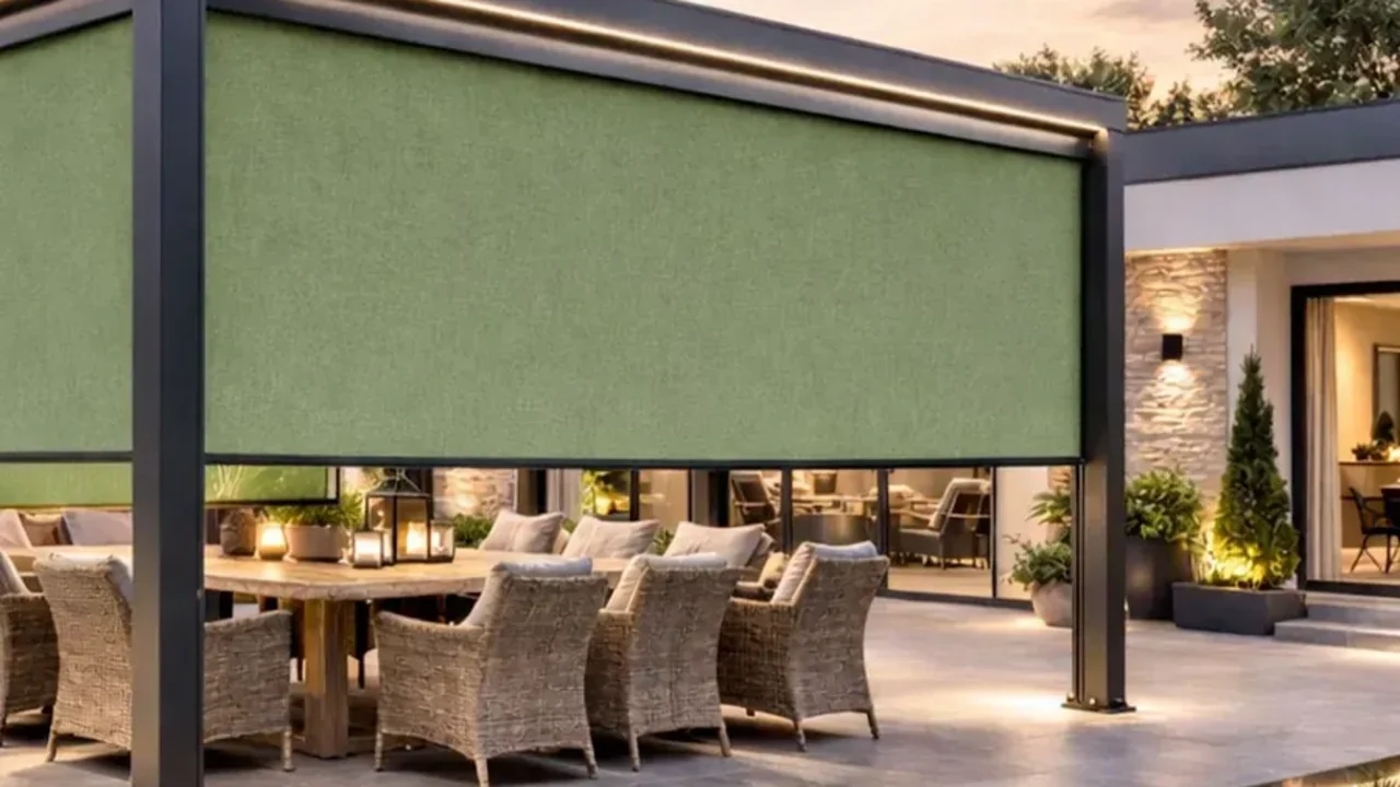 Pergola bioclimatique fermée par des stores verticaux Soltis 92 vert mousse