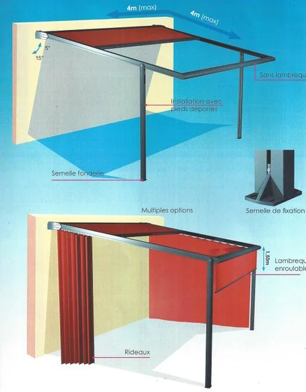 Croquis coté du store pergola 135 : 4 mètres d'avancée, semelles de fixation et lambrequin enroulable