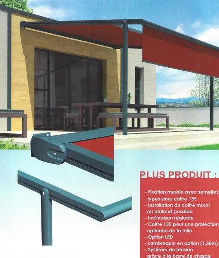 Planche des plus produit du store pergola 135 : fixation, inclinaison, coffre, LED, lambrequin, tension