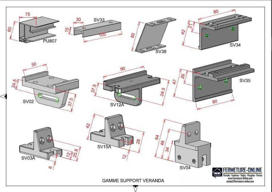 Gamme des pattes de fixation du store de toiture véranda : PU807, SV33, SV38, SV34, SV02, SV12A, SV35, SV03A, SV15A, SV04, avec leurs cotes