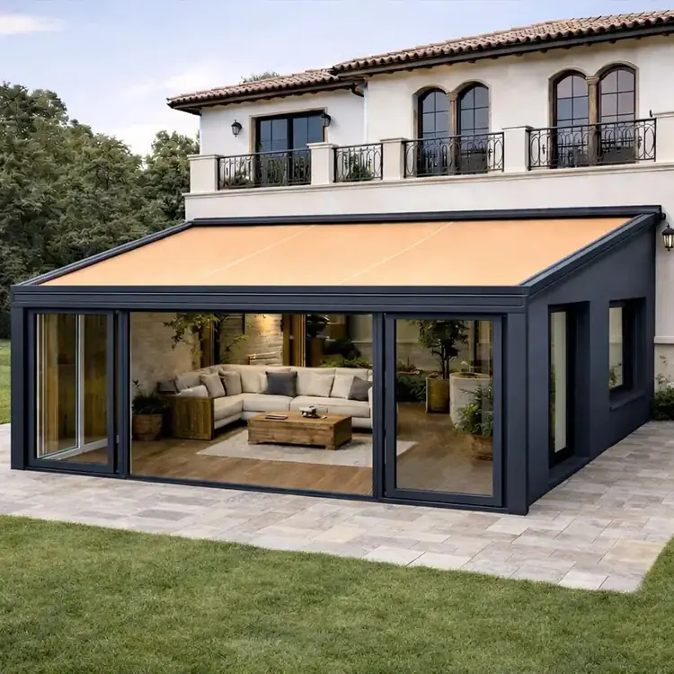 Store de toiture véranda orange sur structure anthracite