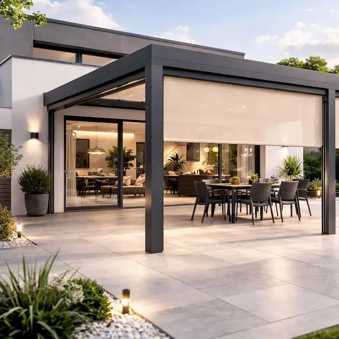 Store vertical Tibelly beige sur une pergola anthracite, terrasse de maison contemporaine