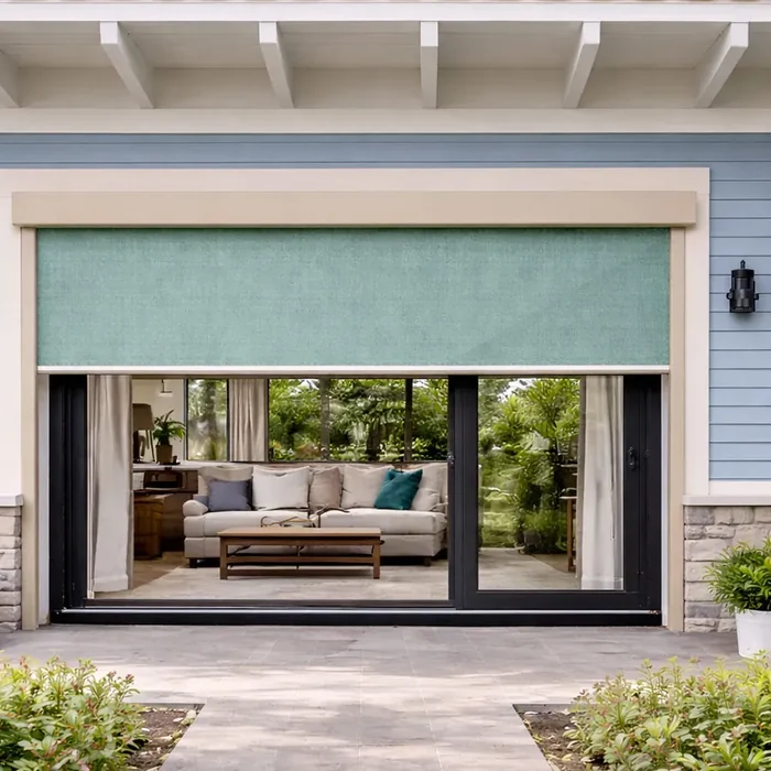 Store vertical vu de face, ossature beige et toile Dickson Sunworker Open Chardin M731 vert bleu sur baie vitrée