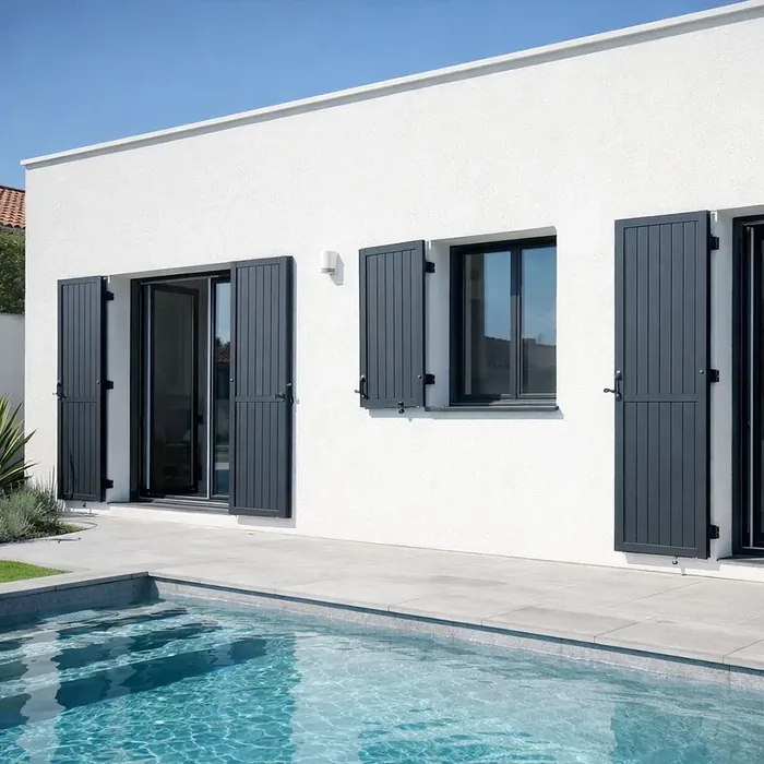 Volets battants aluminium RAL 7016 gris anthracite sur une maison contemporaine en enduit blanc, au bord d'une piscine