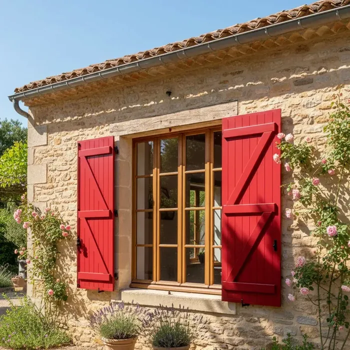 Volets battants aluminium rouges sur une maison en pierre traditionnelle avec fenĂȘtre bois et jardin fleuri