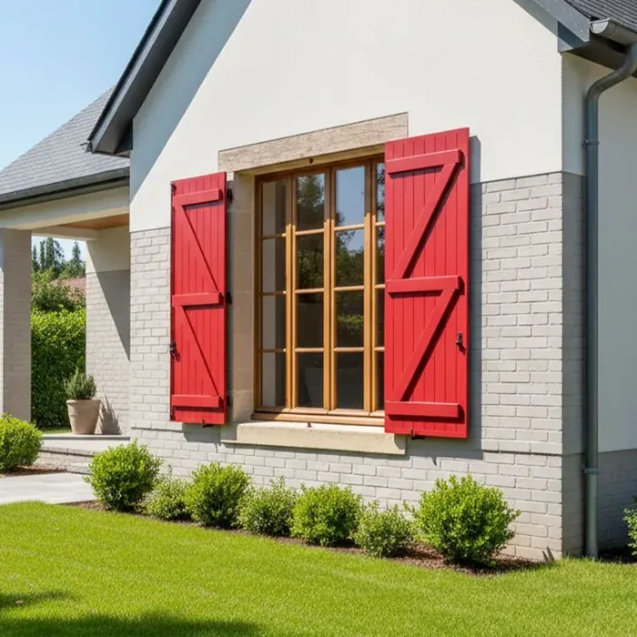 Volets battants aluminium rouges sur une maison moderne en enduit blanc avec soubassement en briques