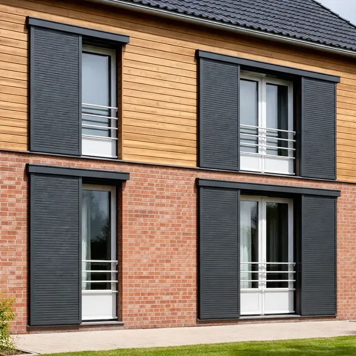 Volets coulissants aluminium RAL 7016 gris anthracite sur une façade en brique et bardage bois
