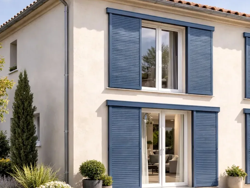 Volets coulissants aluminium persiennés RAL 5014 bleu pigeon sur une maison méditerranéenne