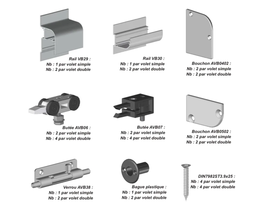 Nomenclature du kit volet coulissant aluminium : rails VB29 et VB30, chariots AVB06, butées AVB07, verrou AVB38, bouchons et vis