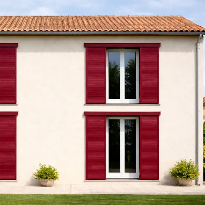 Volets coulissants aluminium RAL 3005 rouge bordeaux sur une façade de maison méditerranéenne