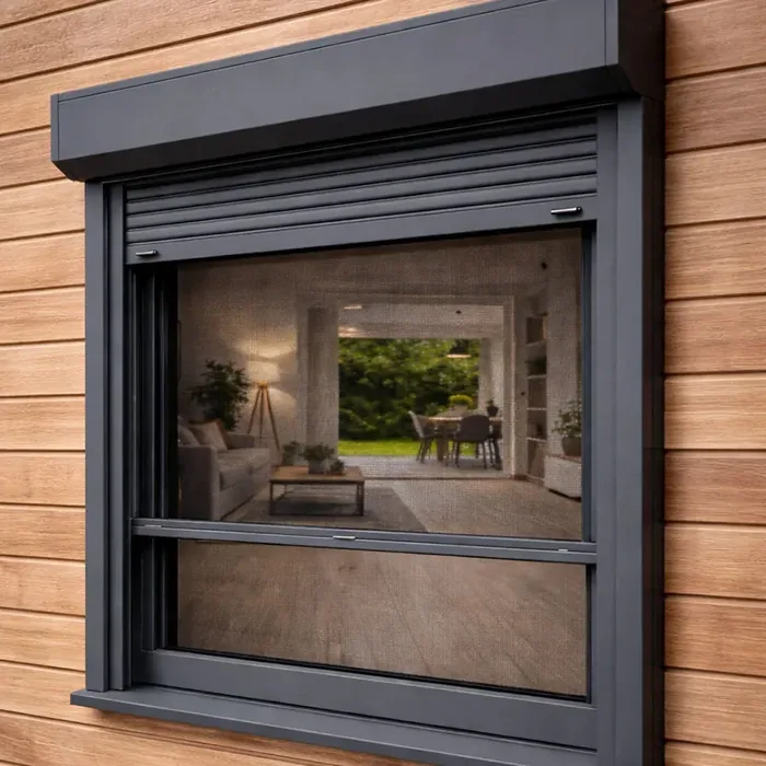 Volet roulant électrique anthracite avec moustiquaire, vue de côté sur un bardage bois