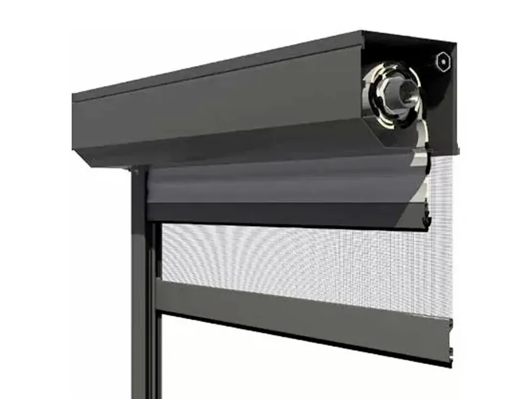 Coffre anthracite de volet roulant avec moustiquaire sortant sous le tablier