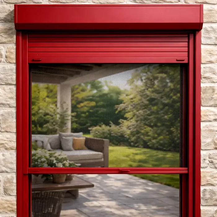 Volet roulant électrique rouge avec moustiquaire intégrée déployée sur une porte-fenêtre