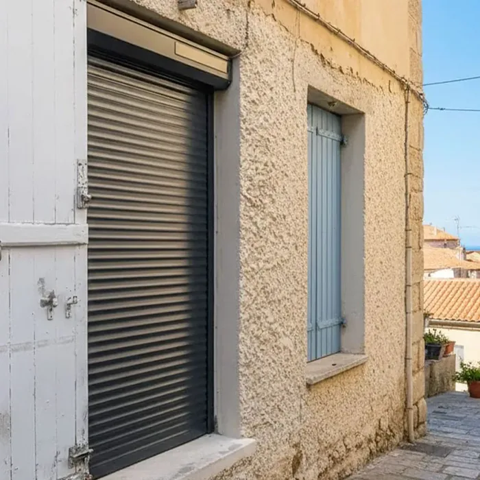 Volet roulant solaire anthracite posé en rénovation sur une façade en pierre