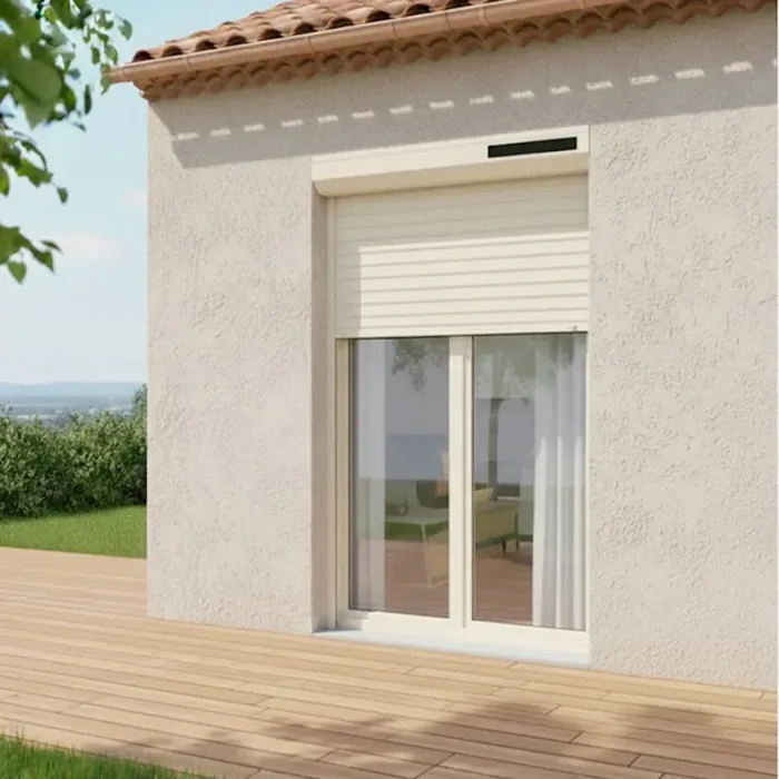 Volet roulant solaire blanc sur une façade en crépi, vue d'une terrasse