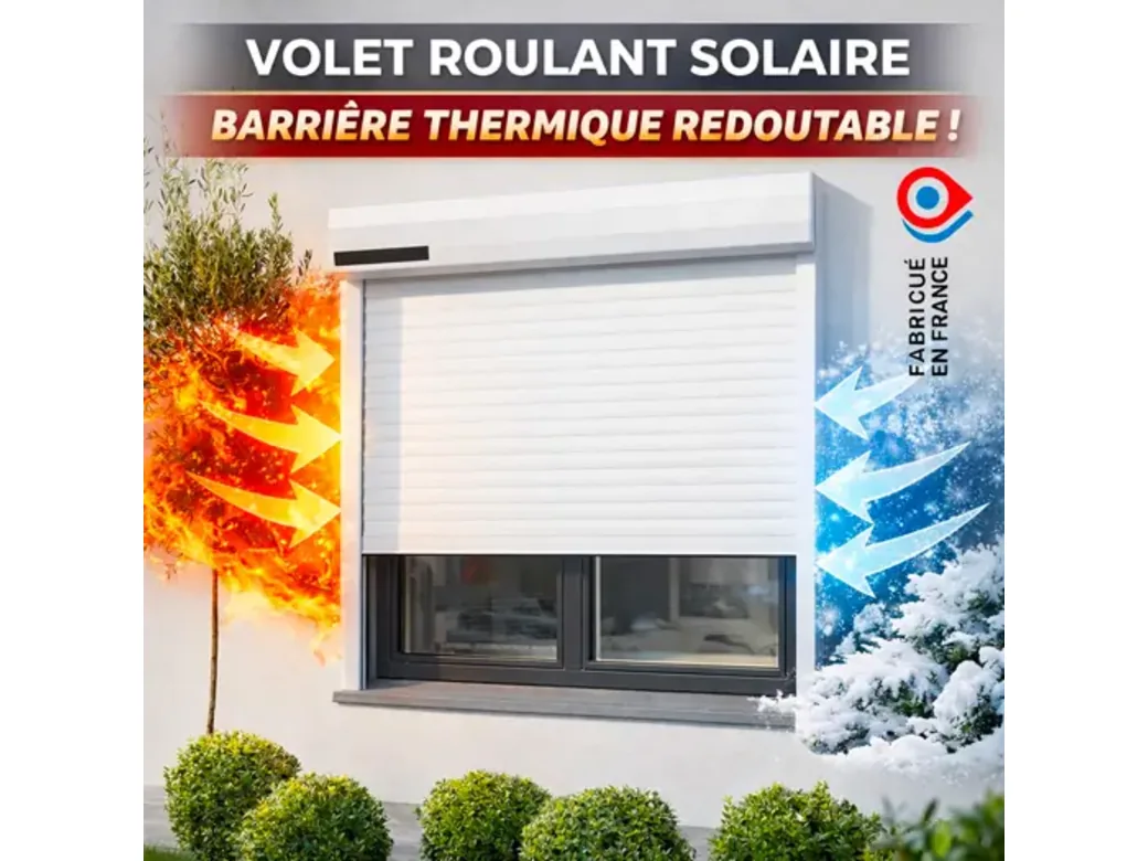 Schéma de la barrière thermique d'un volet roulant solaire : chaleur bloquée en été, chaleur conservée en hiver