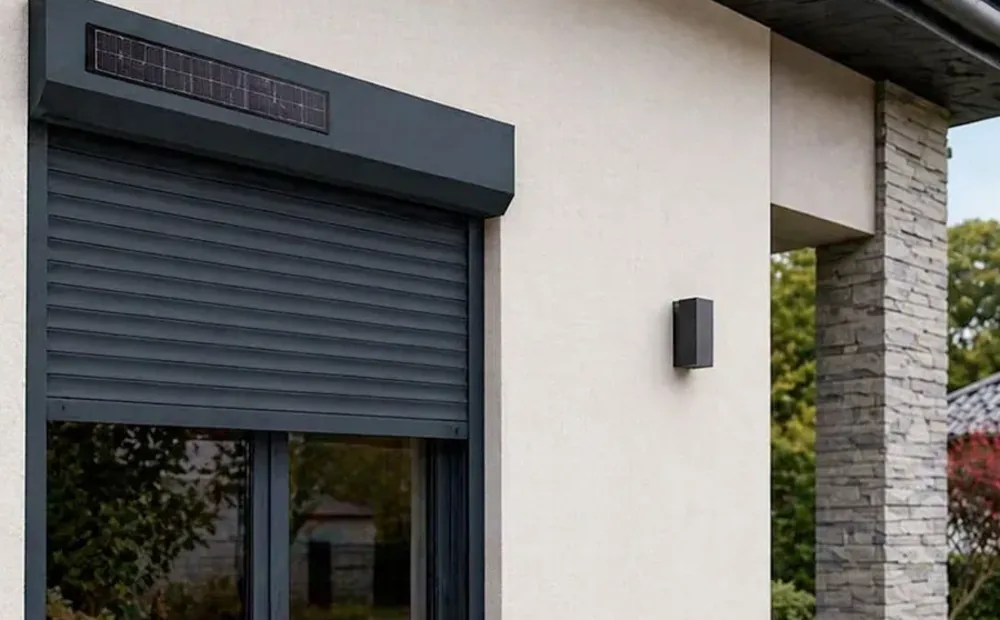 Volet roulant solaire aluminium gris anthracite à coffre pan coupé, panneau photovoltaïque encastré en façade du caisson, tablier à demi descendu