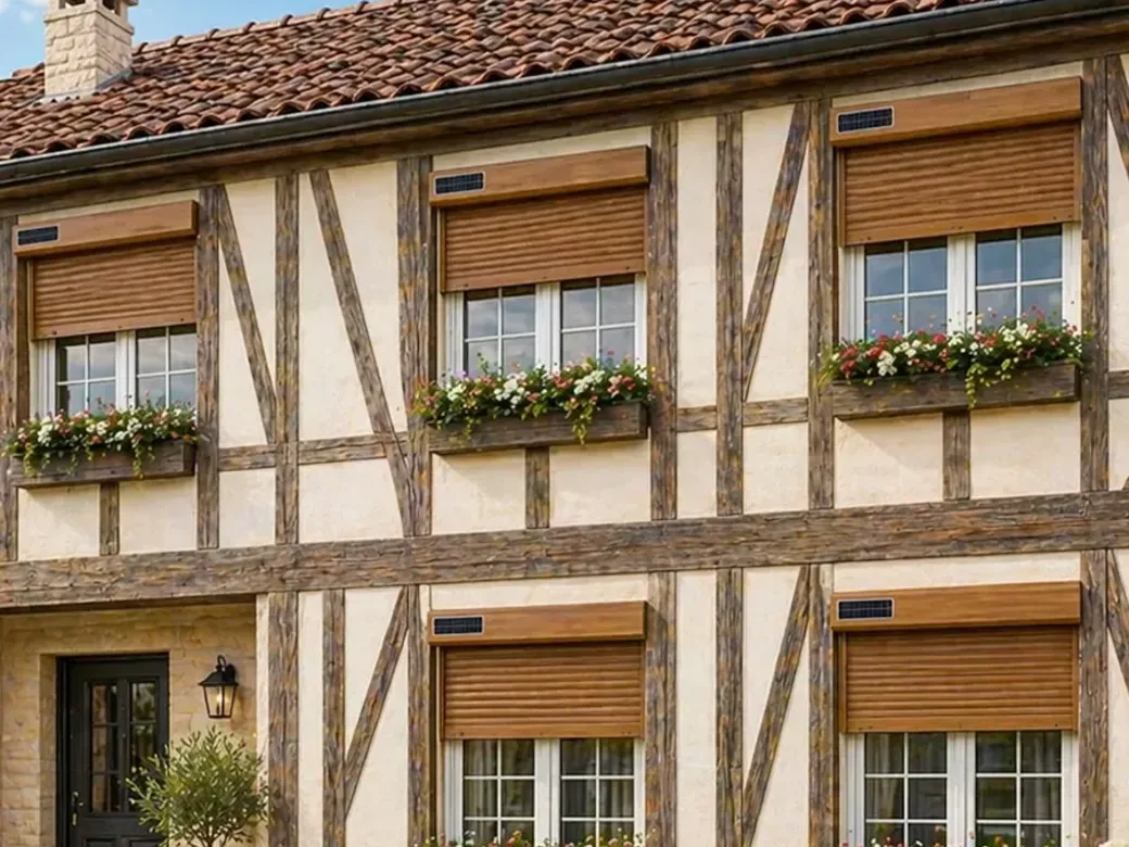 Volets roulants solaires finition bois sur une maison normande à colombages