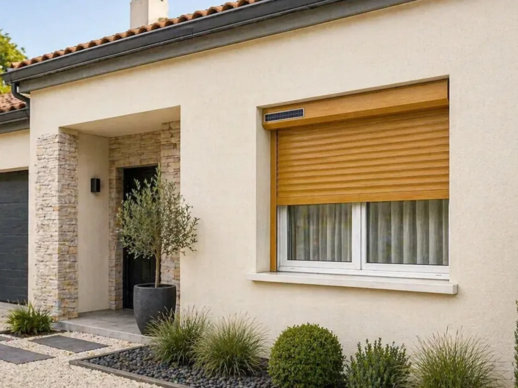 Volet roulant solaire finition chêne doré effet bois sur une fenêtre de maison moderne