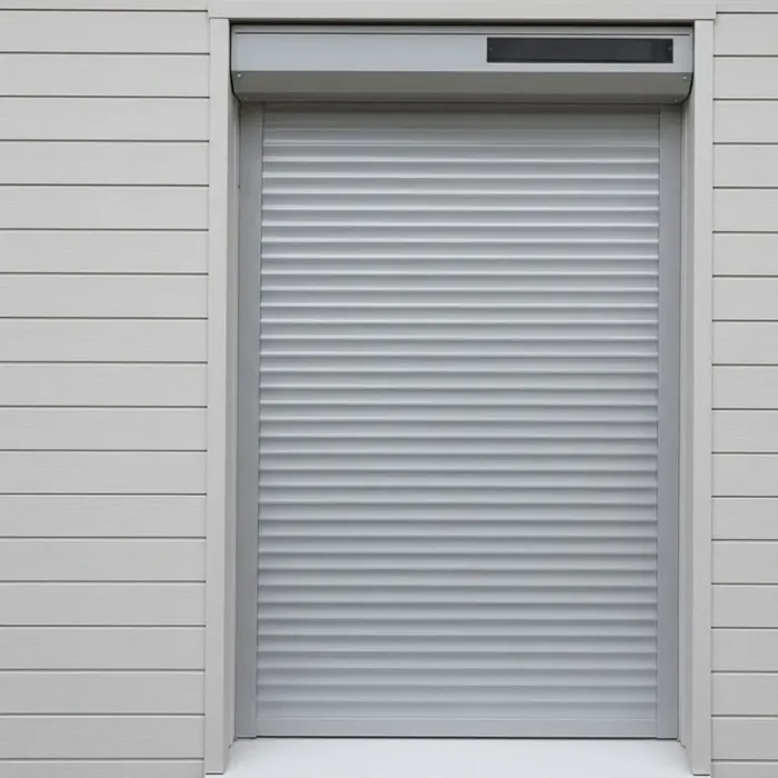Volet roulant solaire gris sur un bardage contemporain, tablier descendu